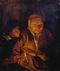 A Boy Lighting a Candle from One Held by an Old Woman